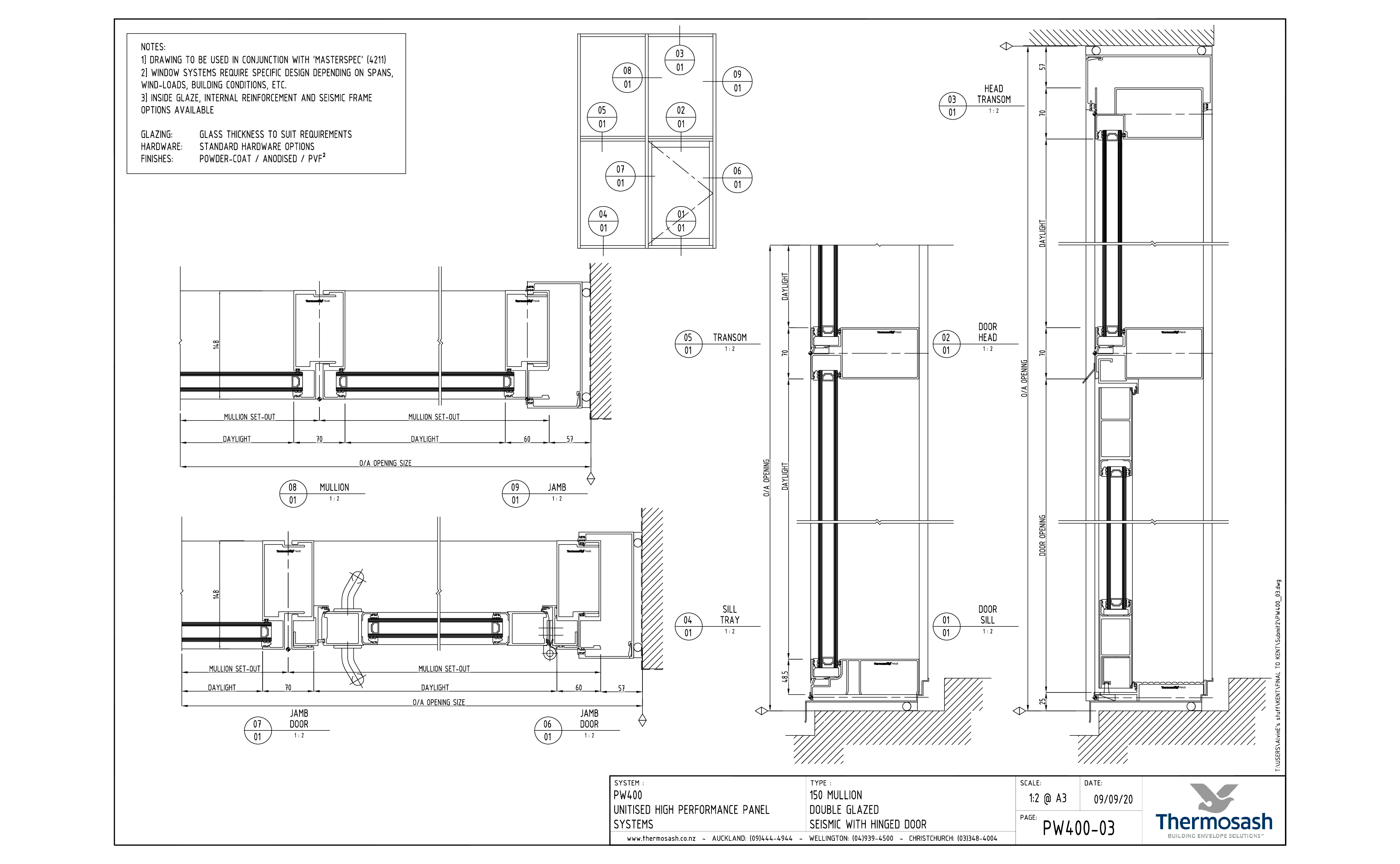 CAD Download - PW400 - 150mm Mullion Double Glazed Seismic with Hinged Door