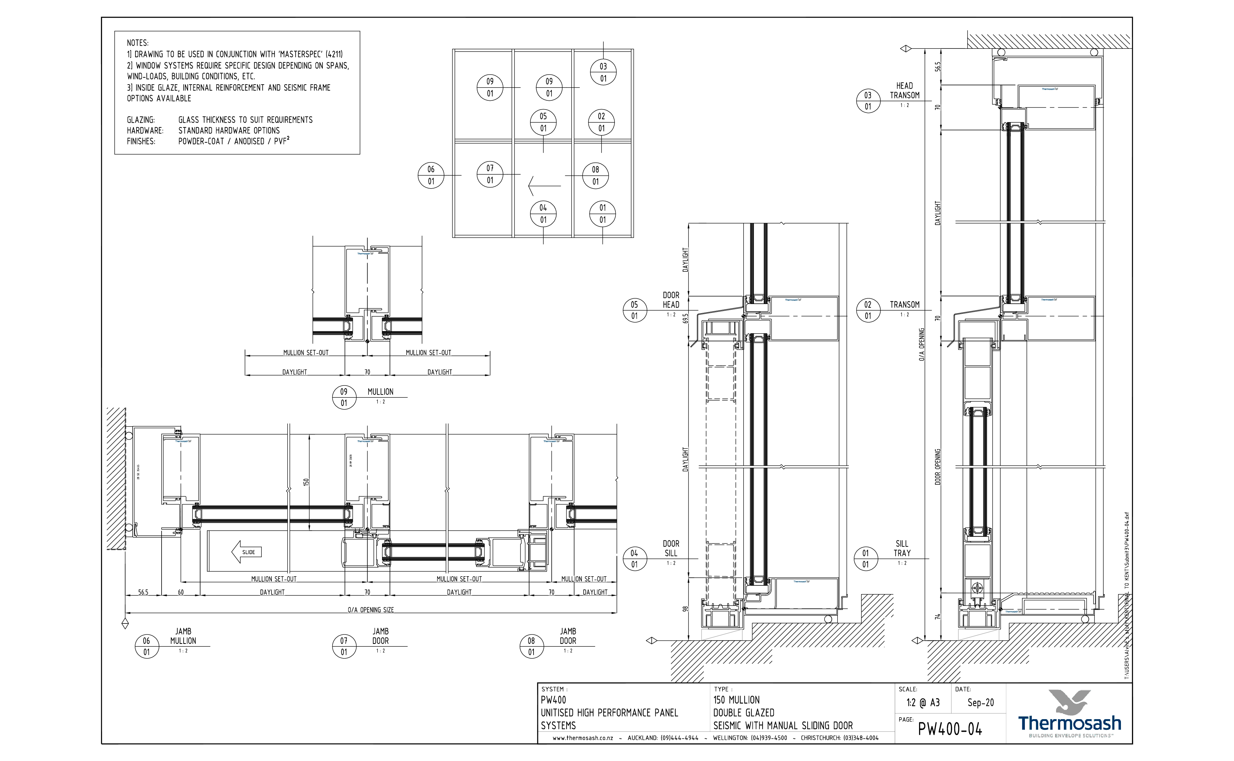 CAD Download - PW400 - 150mm Mullion Double Glazed Seismic with Manual Slider